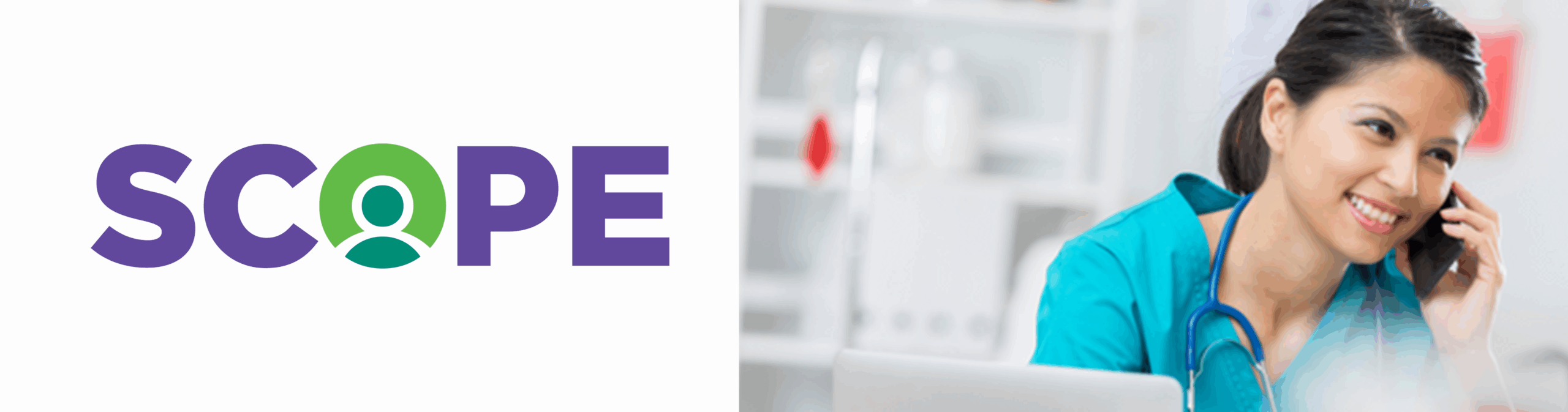 SCOPE logo and woman speaking on cell phone.