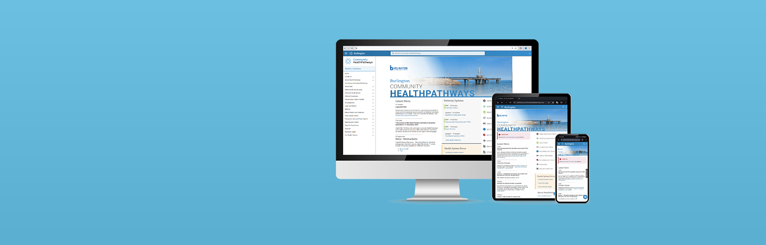 Blue background with HealthPathways website on computer, tablet and phone.