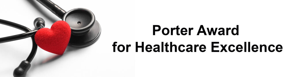 Stethoscope and red heart with award title.